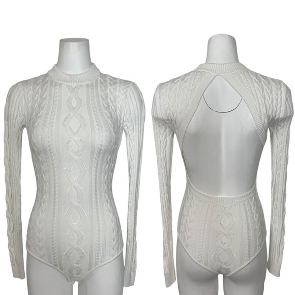 Intermix Ronny Kobo Cache Cable Knit Bodysuit XS White Long Sleeve Open Back - Picture 1 of 12